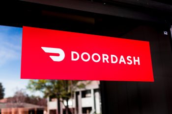 Close Up Of Doordash Logo And Symbol Displayed At The Entrance To One Of Their Offices; Doordash Inc. Is A On-Demand Prepared Food Delivery Service