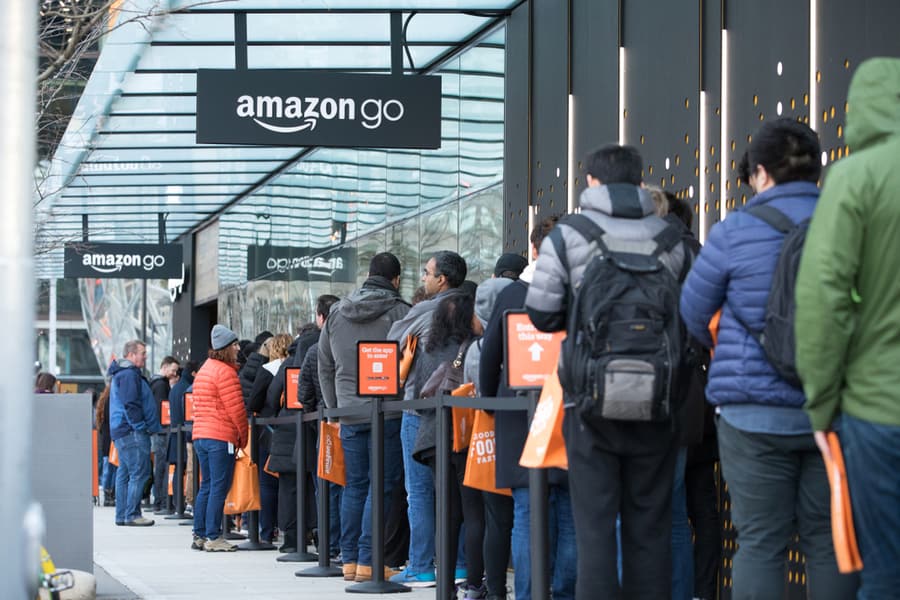 Line Of People Waiting To Enter The Amazon Go Store, During The Grand Opening, At The Downtown Seattle Amazon Headquarters