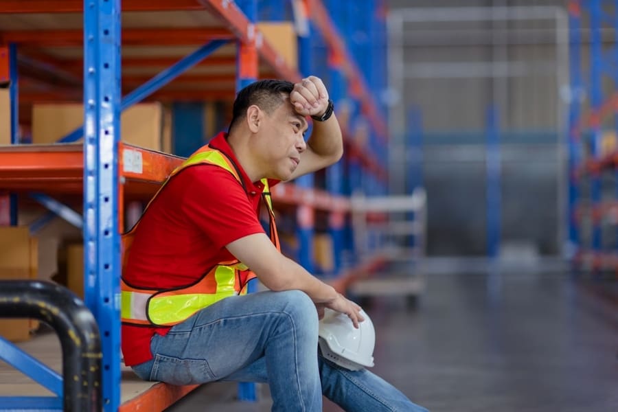 Tired Stress Asian Male Worker Labor Hard Working Fatigue Sitting Resting In Warehouse