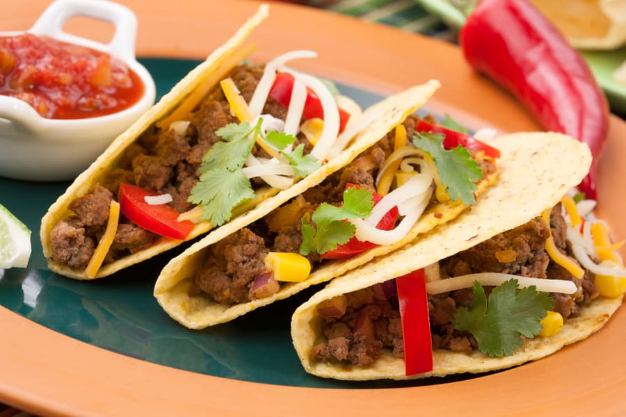 Assorted Mexican Dishes, With Whole Grain Corn Beef Tacos