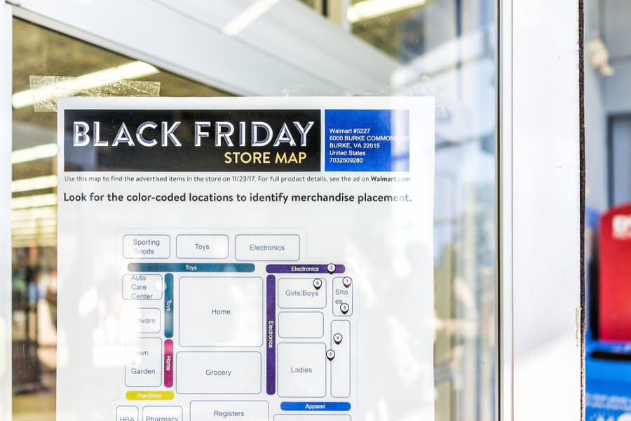 Black Friday Sign In Walmart Store Entrance With Map After Thanksgiving Shopping
