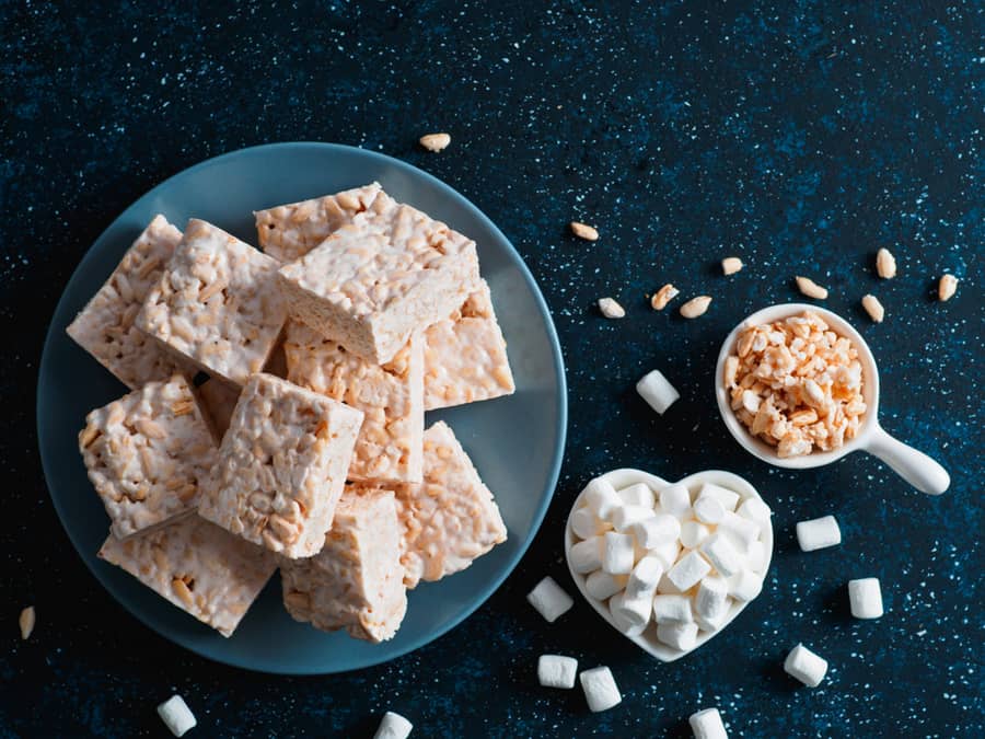 Homemade Square Bars Of Marshmallow And Crispy Rice And Ingredients