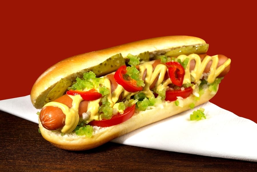 Hot Dog With Pickles, Tomato And Lettuce