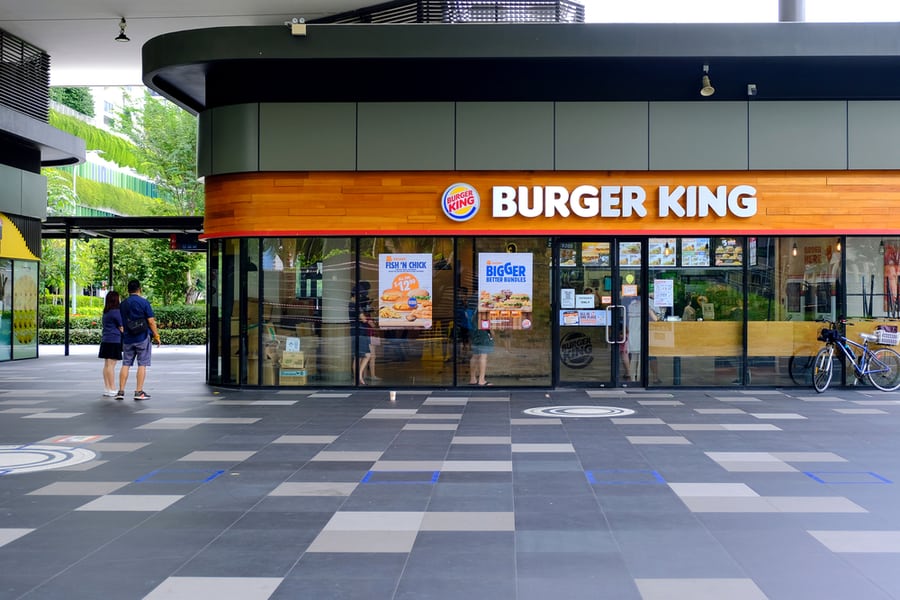 Facade Of Burger King Fast Food Restaurant; Front View Shopfront Exterior.