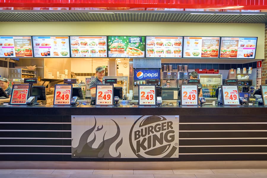 Inside Of Burger King Restaurant. Burger King, Often Abbreviated As Bk, Is An American Global Chain Of Hamburger Fast Food Restaurants