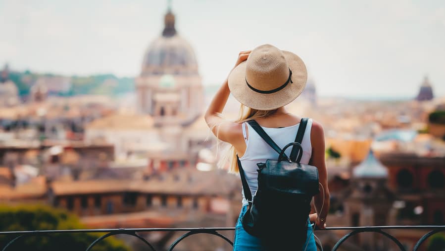 Rome Europe Italia Travel Summer Tourism Holiday Vacation Background -Young Smiling Girl With Mobile Phone