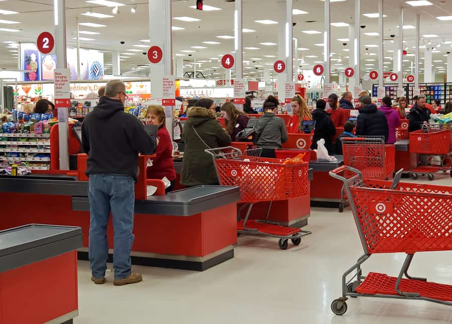 Target Retail Store Busy Cash Register Check Out Counters Wait On Customers