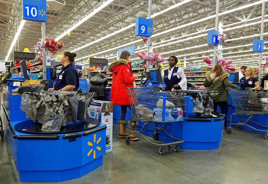 Walmart Customers Check Out Line, Cashier Counter