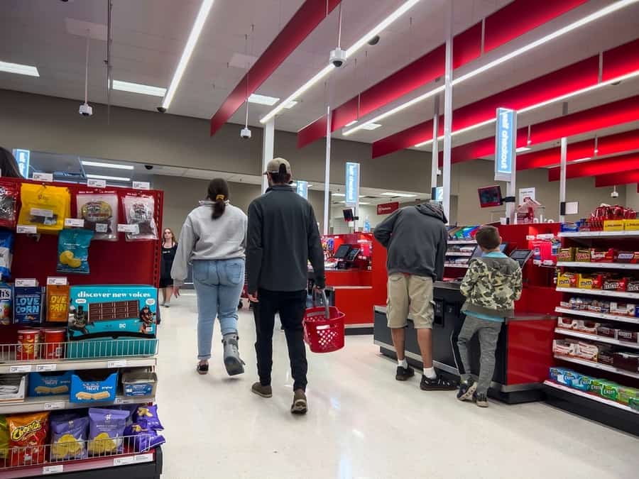 Wide View Of People Using The Self Checkout Inside A Target Retail Store